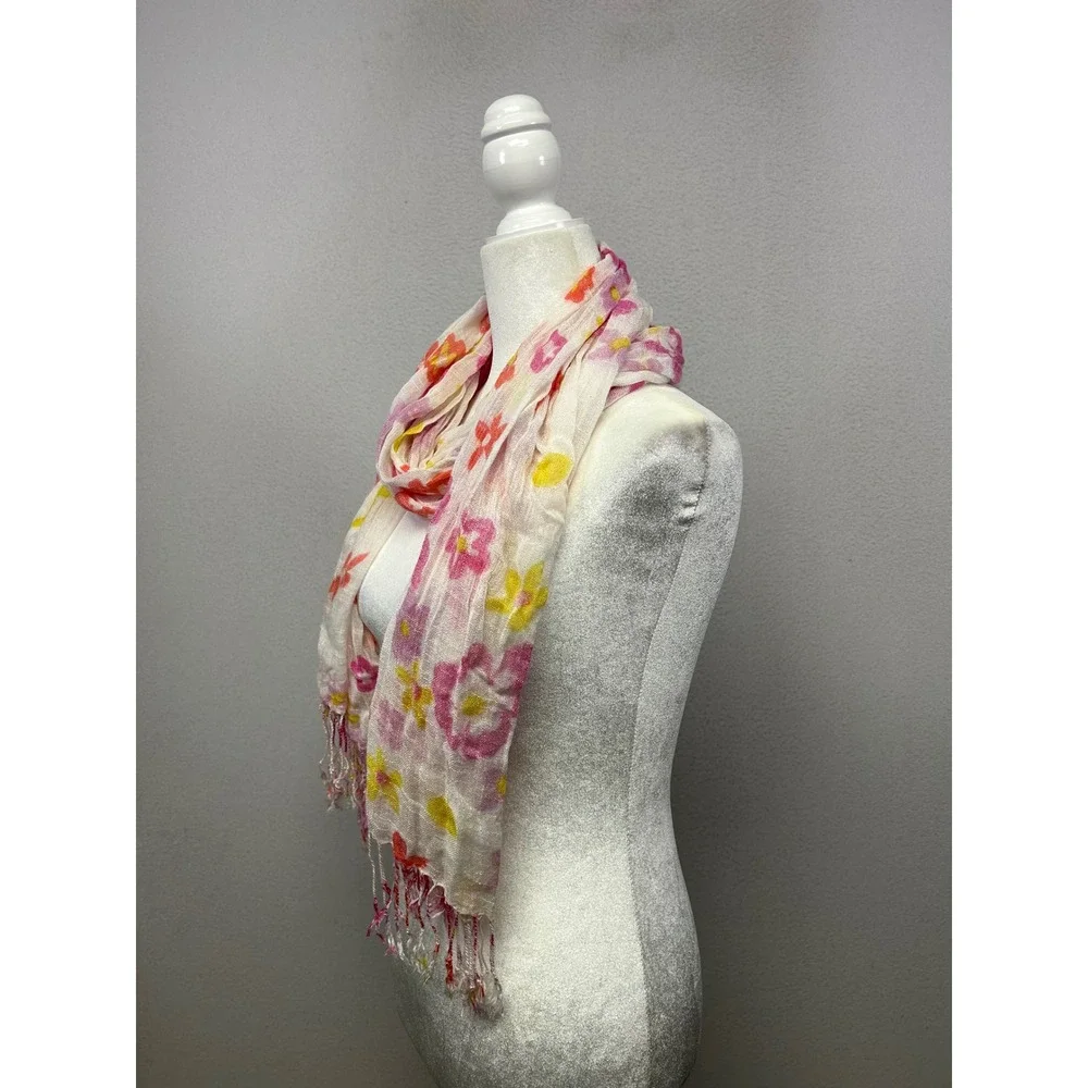 Cottagecore Airy Women OS White‎ Pink Floral Gauze Fringe Scarf Wrap